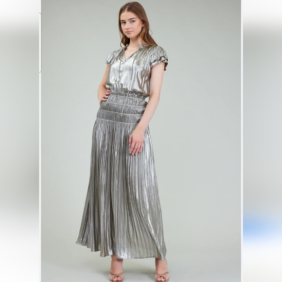 Anthropologie CURRENT AIR Silver Metallic Drop Waist Maxi Dress. Size L NWT - Picture 1 of 10